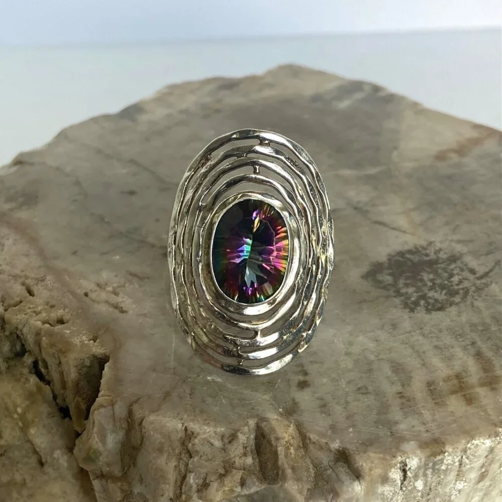 Sterling Silver 925 India Large Bezel Set Oval Mystic Quartz Statement Ring 5.5